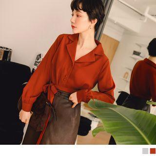 Long Sleeve Plain Tie-waist Tunic Shirt