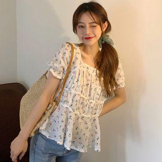 Floral Print Square-neck Short-sleeve Blouse