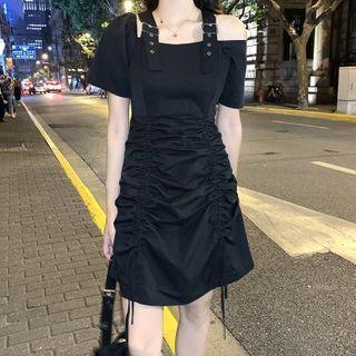 Short-sleeve Buckled Drawstring Mini A-line Dress