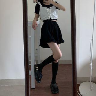Short-sleeve Plain T-shirt / Ruffle Trim Drawstring Camisole / High-waist Plain Skirt