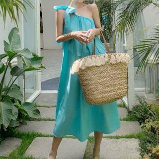 Spaghetti-strap One-shoulder Midi A-line Dress