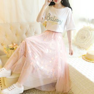 Set: Lettering Short-sleeve T-shirt + Sheer Midi Skirt