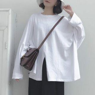 Long-sleeve Slit-front T-shirt