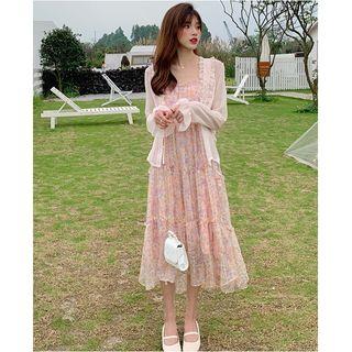 Floral Strappy Midi A-line Dress / Light Jacket