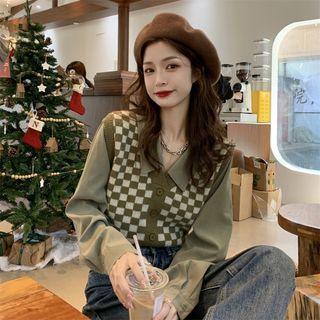 Mock Two-piece Argyle Print Blouse Green - One Size