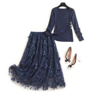 Set: Long-sleeve Top + Floral Applique Midi A-line Mesh Skirt