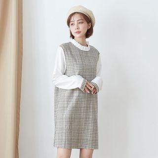 Long-sleeve Paneled Plaid Ruffled A-line Dress 22 - Almond - One Size