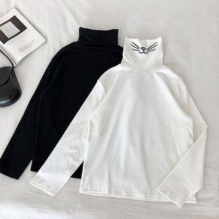 Embroidered Turtle-neck Long-sleeve T-shirt