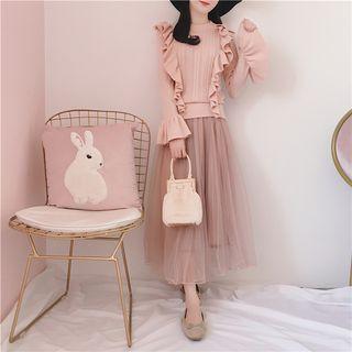 Set: Ruffle Knit Pullover + Sleeveless Pleated Midi Dress