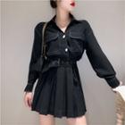 Contrast Stitching Shirt / High-waist Mini A-line Skirt