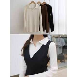 Open-placket Ribbed Knit Shirt
