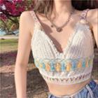 Fringed Knit Cropped Camisole Top White - One Size