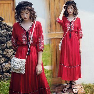 Elbow-sleeve Embroidered V-neck A-line Midi Dress