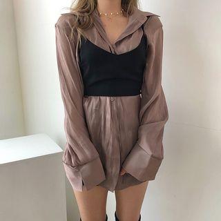 Plain Oversize Shirt / Tie-back Cropped Camisole Top