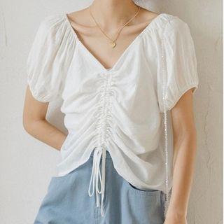 Balloon-sleeve Drawstring Blouse White - One Size