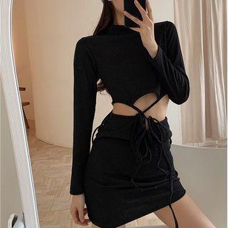 Set: Long-sleeve Drawstring Crop Top + Mini Skirt