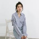 Long-sleeve Checked Open-collar Blouse Grayish Blue - One Size
