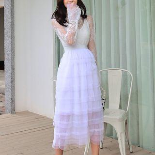 Set: Lace Long-sleeve Top + Strappy Midi Tiered Dress