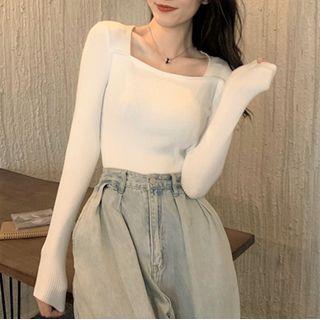 Square Neck Long-sleeve Plain Top