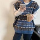 Long-sleeve V-neck Printed Knit Sweater