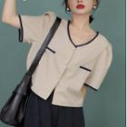 Short-sleeve V-neck Cropped Contrast-trim Cardigan Almond Gray - One Size