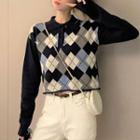 Argyle Button-up Knit Polo Shirt Black - One Size