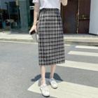 High-waist Plain Plaid Split Skirt