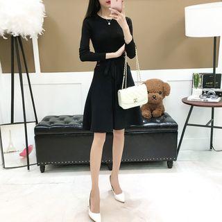 Crew-neck Long-sleeve A-line Dress Black - One Size