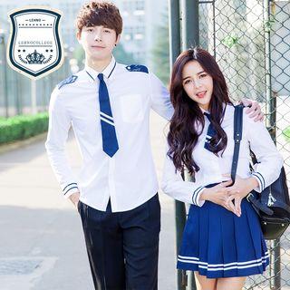 Set: Contrast Trim Shirt + Neck Tie + Pleated Skirt / Pants