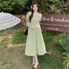 Puff-sleeve Shirt + Elastic-waist Plain Skirt