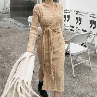 Long-sleeve Knit Midi Sheath Dress Khaki - One Size