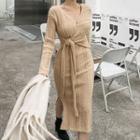 Long-sleeve Knit Midi Sheath Dress Khaki - One Size