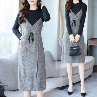 Set: Long-sleeve Knit Top + Spaghetti Strap Melange Knit Dress