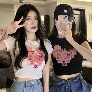 Elbow-sleeve Heart Print T-shirt (various Designs)