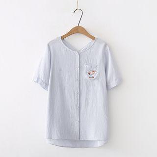 Short-sleeve Striped Rabbit Embroidered Blouse