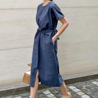 Short-sleeve Linen Blend Twist-front A-line Midi Dress