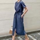 Short-sleeve Linen Blend Twist-front A-line Midi Dress