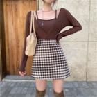 Mock Two-piece Long-sleeve Top / Gingham Mini A-line Skirt