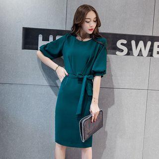 Elbow-sleeve Tie-waist Sheath Dress
