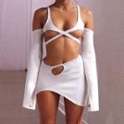Set: Plain Long Sleeve Off-shoulder Cut-out Top + Plain High-waist Cut-out Mini Skirt