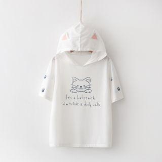Cat Ear & Print Short Sleeve T-shirt