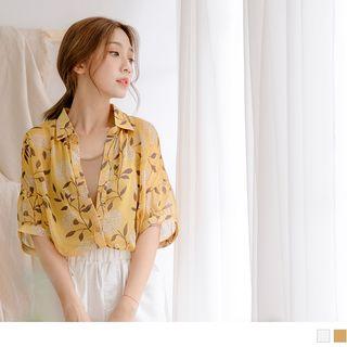 Short-sleeve Flower-print Chiffon Blouse
