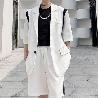 Set: Short-sleeve Button-up Blazer + Plain Straight Leg Shorts
