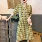 Short-sleeve Double Breasted Plaid A-line Dress Green - One Size