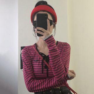 Plaid Long-sleeve Cropped T-shirt As Shown In Figure - One Size