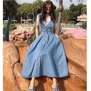 Buttoned Denim Midi Jumper Dress Blue - One Size