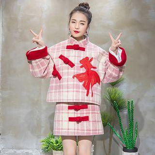 Set: Applique Plaid Jacket + A-line Skirt