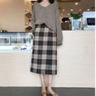 V-neck Sweater / Plaid Midi Straight-fit Skirt