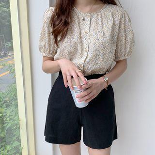 Puff-sleeve Banded-cuff Floral Blouse