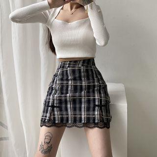 Plaid Lace Mini Pencil Skirt